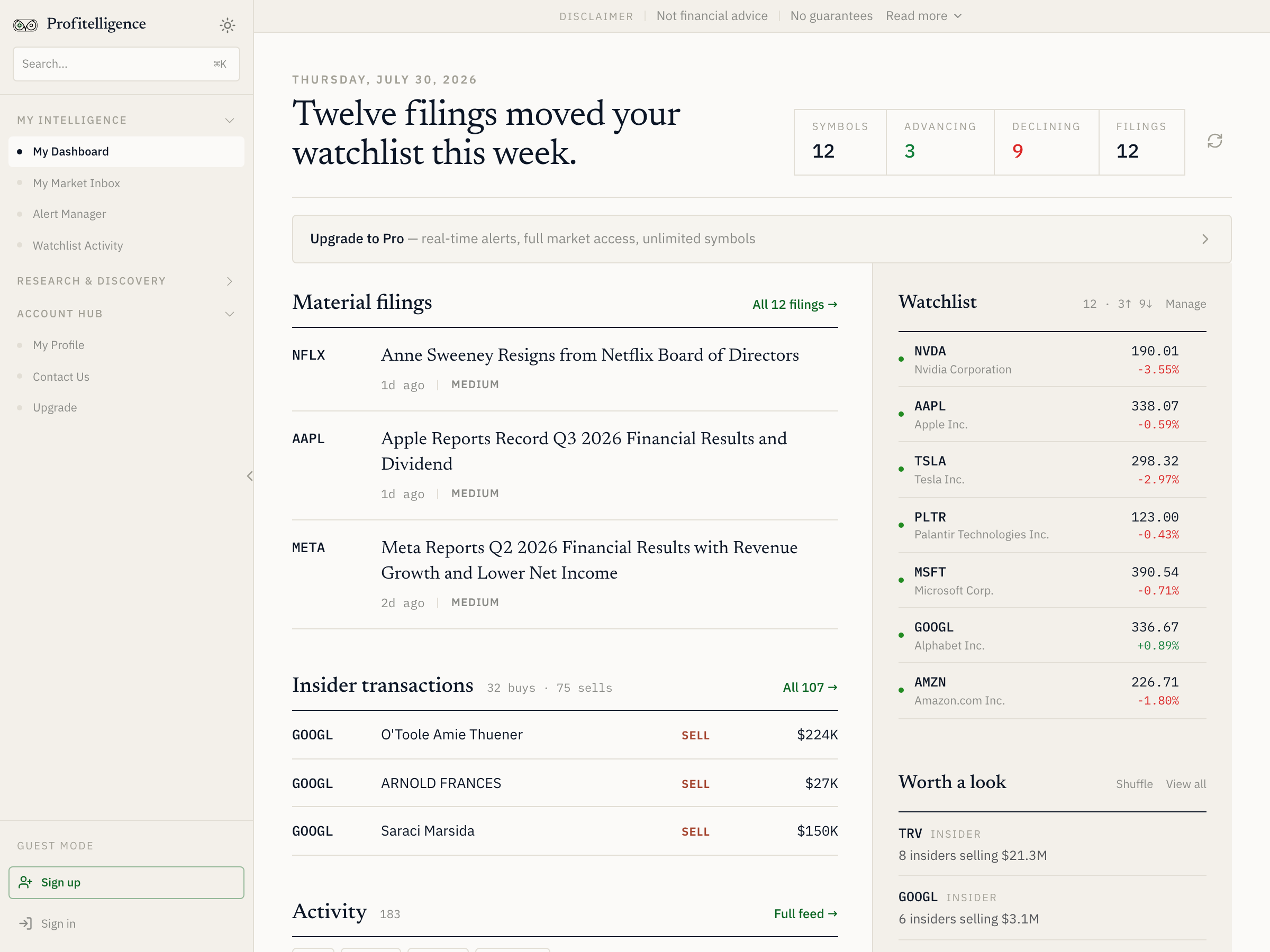 The Profitelligence dashboard: material filings, insider transactions, and a live watchlist